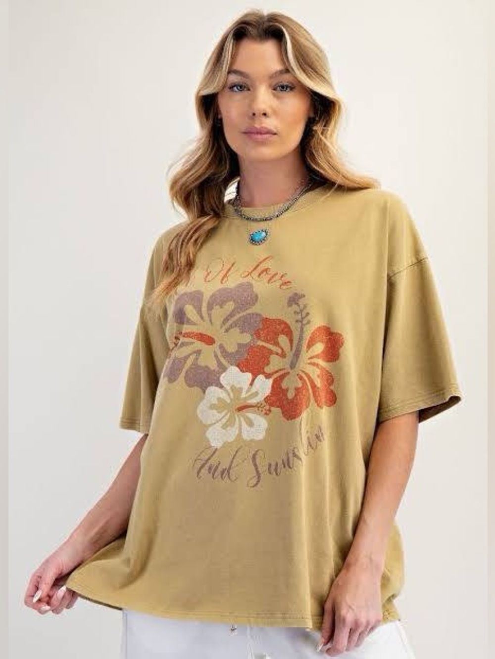 Easel Full Of Love And Sunshine Hibiscus Oversized Cotton Graphic Tee